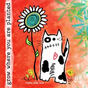 Cat Sunflower CARD, 2 STICKERS Cartes de vœux et autocollants illustrés - Fun Cat Sunflower inspirant « Cultivez là où vous êtes planté »
