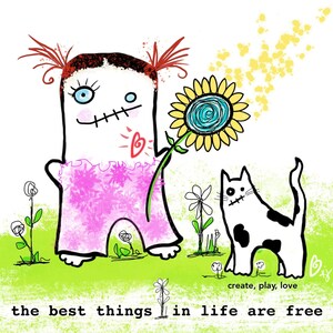 Fun Cat CARD, 2 STICKERS, Beste dingen in het leven inspirerend, originele geïllustreerde kaart zonnebloem