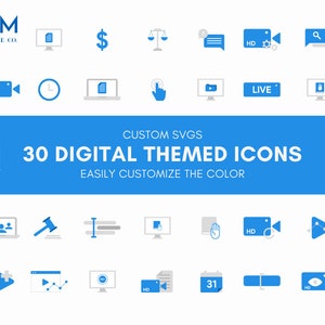 Puede incluir: Un conjunto de 30 iconos tem&aacute;ticos digitales en azul y gris. Los iconos incluyen una c&aacute;mara de video, un reloj, un documento, una mano se&ntilde;alando, un bot&oacute;n de reproducci&oacute;n, un bot&oacute;n en vivo, un libro, un signo de d&oacute;lar, una balanza, una burbuja de chat, una lupa, un grupo de personas, un martillo, un editor de texto, una pantalla de computadora, una mano, un bot&oacute;n de reproducci&oacute;n con un signo m&aacute;s, un bot&oacute;n de reproducci&oacute;n con un gr&aacute;fico, una pantalla de computadora con HD, un documento, un calendario con el n&uacute;mero 31, un rect&aacute;ngulo azul y una c&aacute;mara de video con un ojo.
