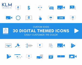 May include: A set of 30 digital themed icons in blue and gray. The icons include a video camera, a clock, a document, a hand pointing, a play button, a live button, a book, a dollar sign, a scale, a chat bubble, a magnifying glass, a group of people, a gavel, a text editor, a computer screen, a hand, a play button with a plus sign, a play button with a graph, a computer screen with HD, a document, a calendar with the number 31, a blue rectangle, and a video camera with an eye.