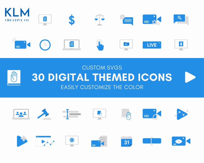 Puede incluir: Un conjunto de 30 iconos tem&aacute;ticos digitales en azul y gris. Los iconos incluyen una c&aacute;mara de video, un reloj, un documento, una mano se&ntilde;alando, un bot&oacute;n de reproducci&oacute;n, un bot&oacute;n en vivo, un libro, un signo de d&oacute;lar, una balanza, una burbuja de chat, una lupa, un grupo de personas, un martillo, un editor de texto, una pantalla de computadora, una mano, un bot&oacute;n de reproducci&oacute;n con un signo m&aacute;s, un bot&oacute;n de reproducci&oacute;n con un gr&aacute;fico, una pantalla de computadora con HD, un documento, un calendario con el n&uacute;mero 31, un rect&aacute;ngulo azul y una c&aacute;mara de video con un ojo.