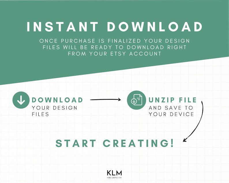Pu&ograve; includere: Una grafica verde e bianca con il testo "INSTANT DOWNLOAD" e istruzioni su come scaricare e decomprimere i file digitali. Il testo recita "Una volta che l'acquisto &egrave; finalizzato, i tuoi file di progettazione saranno pronti per essere scaricati direttamente dal tuo account Etsy." La grafica include anche due icone, una con una freccia verso il basso e il testo "Scarica i tuoi file di progettazione" e l'altra con un'icona di documento e una freccia verso il basso e il testo "Decomprimi il file e salva sul tuo dispositivo". La grafica include anche il testo "START CREATING!" e il logo "KLM Creative Co."