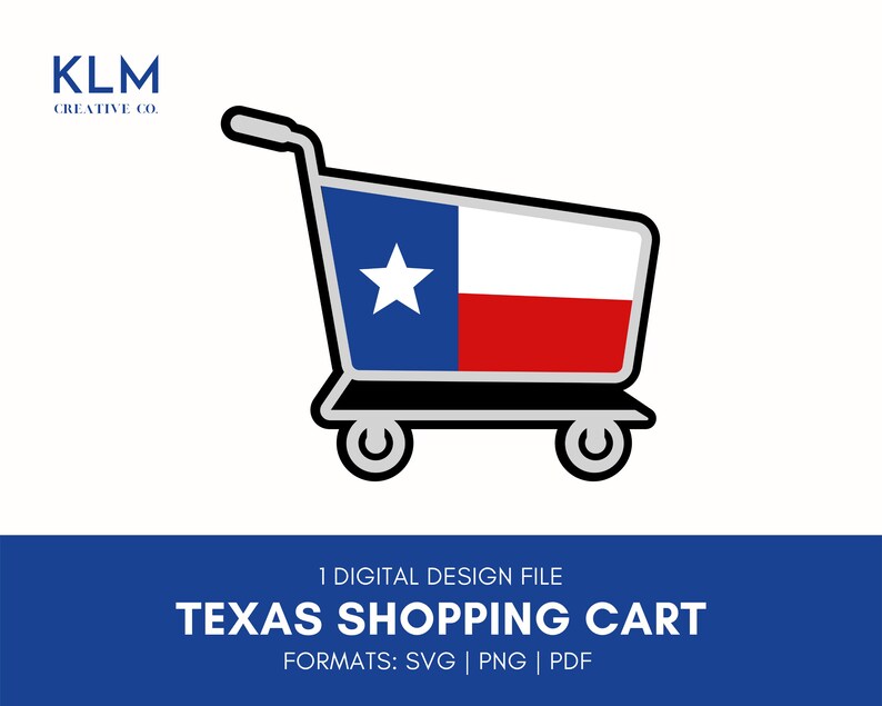 Pu&ograve; includere: Un carrello della spesa blu con un design a bandiera del Texas. Il carrello ha una maniglia e ruote nere. La bandiera &egrave; rossa, bianca e blu con una stella bianca nella sezione blu.