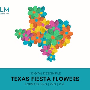 Könnte beinhalten: Eine digitale Design-Datei eines Blumenarrangements in Form von Texas. Die Blumen sind in Blautönen, Grün, Gelb, Orange, Rosa und Lila gehalten. Das Design ist perfekt für Bastelprojekte, Scrapbooking oder das Erstellen von Einladungen.