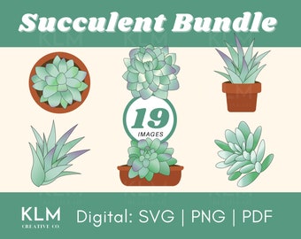 May include: A digital download bundle of 19 succulent plant illustrations in various styles. The illustrations are in SVG, PNG, and PDF formats. The text "Succulent Bundle" is at the top of the image, and the text "KLM Creative Co." is at the bottom of the image.