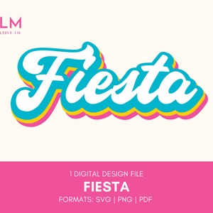 Może przedstawiać: Cyfrowy plik projektowy dla kolorowej, retro grafiki tekstowej "Fiesta". Tekst jest w białym kolorze czcionki z niebieskimi, ż&oacute;łtymi i r&oacute;żowymi konturami. Plik jest dostępny w formatach SVG, PNG i PDF.
