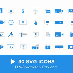 Puede incluir: Un conjunto de 30 iconos SVG azules y grises, que representan varios s&iacute;mbolos relacionados con el v&iacute;deo, la tecnolog&iacute;a y la ley. Los iconos incluyen una mano, un documento, un signo de d&oacute;lar, una balanza de justicia, una burbuja de chat, una c&aacute;mara de v&iacute;deo, una lupa, un reloj, una carpeta, una mano se&ntilde;alando, un s&iacute;mbolo de transmisi&oacute;n en directo, un martillo, una l&iacute;nea de texto, una pantalla de ordenador, un bot&oacute;n de reproducci&oacute;n, un calendario, y m&aacute;s.