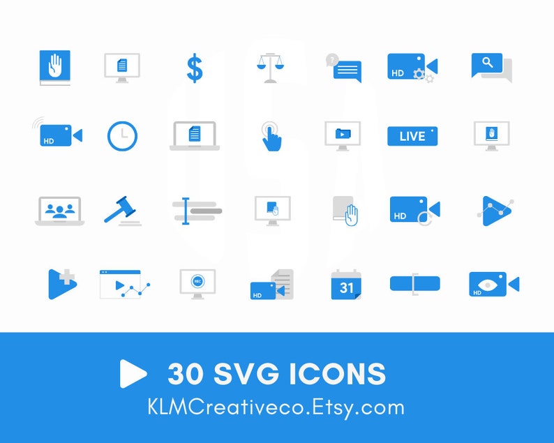 Puede incluir: Un conjunto de 30 iconos SVG azules y grises, que representan varios s&iacute;mbolos relacionados con el v&iacute;deo, la tecnolog&iacute;a y la ley. Los iconos incluyen una mano, un documento, un signo de d&oacute;lar, una balanza de justicia, una burbuja de chat, una c&aacute;mara de v&iacute;deo, una lupa, un reloj, una carpeta, una mano se&ntilde;alando, un s&iacute;mbolo de transmisi&oacute;n en directo, un martillo, una l&iacute;nea de texto, una pantalla de ordenador, un bot&oacute;n de reproducci&oacute;n, un calendario, y m&aacute;s.