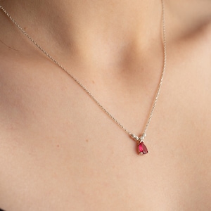 May include: A silver chain necklace with a small, teardrop-shaped red gemstone pendant.