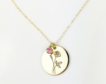 Birth Flower Necklace, Birth Stone Necklace, Birth Flower Jewelry, Birth Month Necklace, Birthflower Pendant, Birthday Gift, Bridesmaid Gift