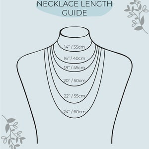 Puede incluir: Un diagrama que muestra diferentes longitudes de collar en pulgadas y cent&iacute;metros. Las longitudes de collar son 14 pulgadas/35 cent&iacute;metros, 16 pulgadas/40 cent&iacute;metros, 18 pulgadas/45 cent&iacute;metros, 20 pulgadas/50 cent&iacute;metros, 22 pulgadas/55 cent&iacute;metros y 24 pulgadas/60 cent&iacute;metros.
