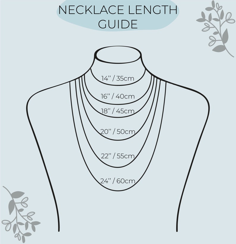 Puede incluir: Un diagrama que muestra diferentes longitudes de collar en pulgadas y cent&iacute;metros. Las longitudes de collar son 14 pulgadas/35 cent&iacute;metros, 16 pulgadas/40 cent&iacute;metros, 18 pulgadas/45 cent&iacute;metros, 20 pulgadas/50 cent&iacute;metros, 22 pulgadas/55 cent&iacute;metros y 24 pulgadas/60 cent&iacute;metros.