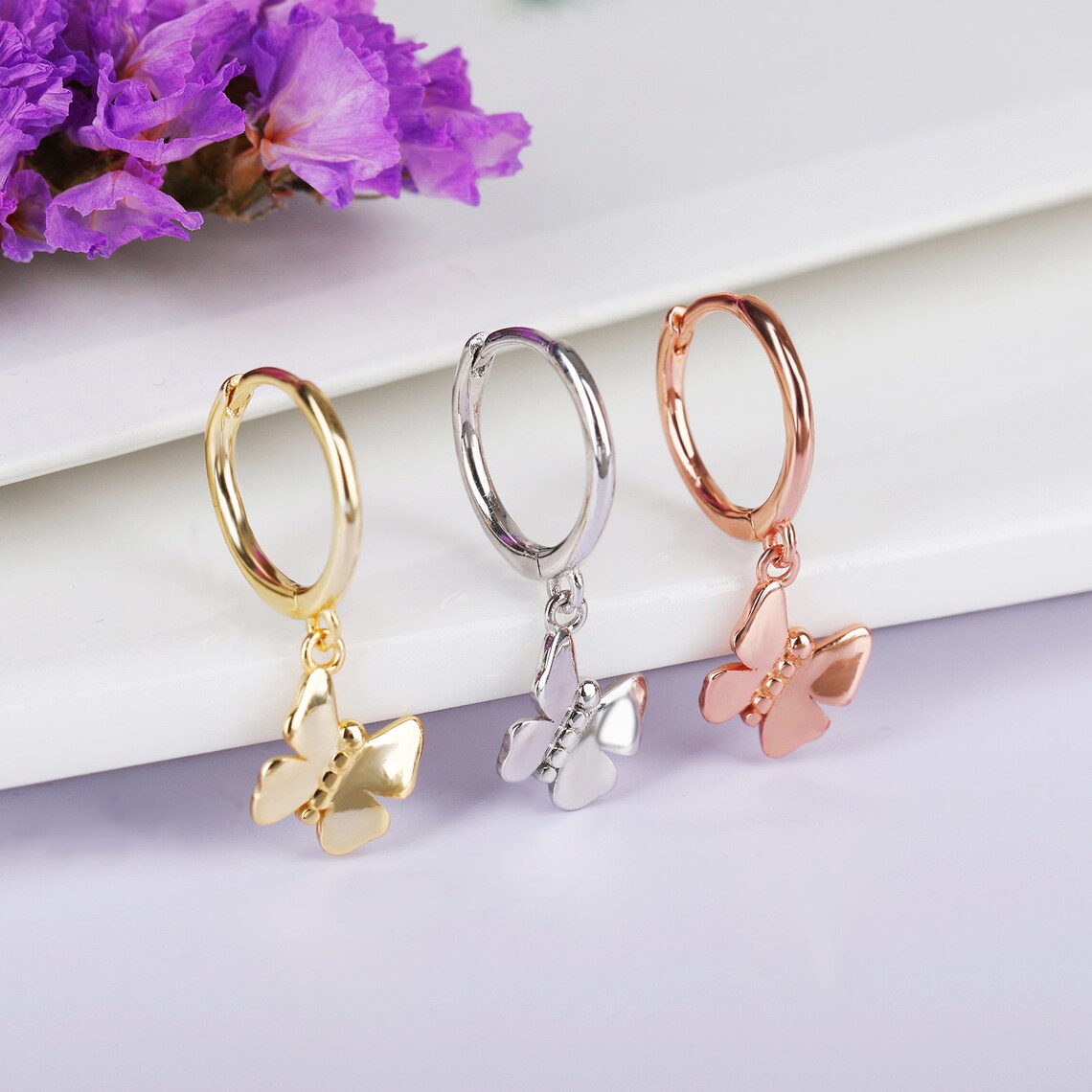 Butterfly Hoop Earrings 925 Sterling Silver Huggie Butterfly Etsy
