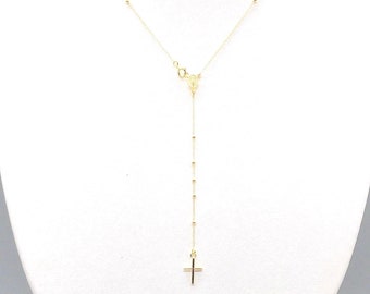 14K Yellow Gold Rosary Necklace, Italian Beaded Cross Chain