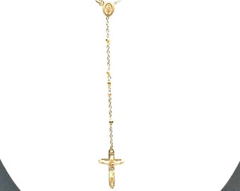 14K Yellow Gold Rosary Necklace, Italian Beaded Link Chain