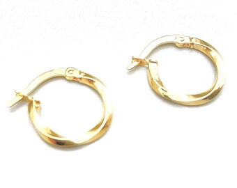 Yellow Gold Hoop Earrings, 14K Gold Hoop Earrings, Real Gold Women&#39;s Earrings, Shiny Gold Hoops, Twisted Hoops, Italian Handmade Earrings