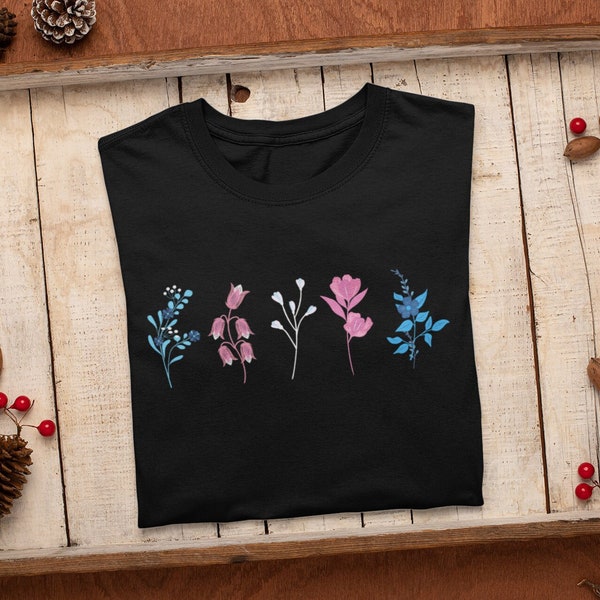 Trans Flag Shirt - Transgender Flag Flowers - Mtf Trans Woman Pride - Cute Ftm Trans Man Clothing - Floral Trans Girl T - LGBTQ Rights Art