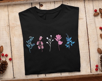 Trans Flag Shirt - Transgender Flag Flowers - Mtf Trans Woman Pride - Cute Ftm Trans Man Clothing - Floral Trans Girl T - LGBTQ Rights Art