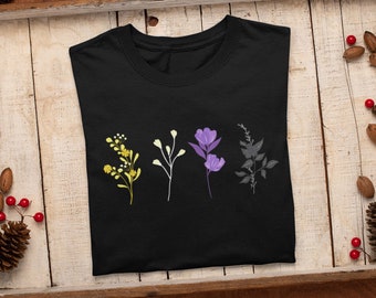 Floral Non Binary Pride T-shirt - Nonbinary Flag Flowers - Discreet Enby Unisex Gift - LGBTQ Pride Month Present - LGBT NB Genderqueer