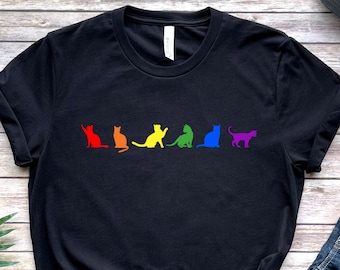 Camiseta de gatos LGBTQ, lindo regalo con la bandera LGBT, regalo del mes del orgullo, camiseta bohemia del desfile LGBTQIA+, concienciación sobre lesbianas, gays, bisexuales, transgénero y queer.