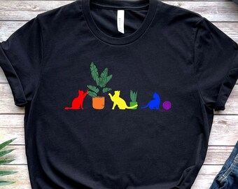 Camiseta LGBTQ con gatos y plantas, lindo regalo con la bandera LGBT, regalo del mes del orgullo, camiseta del desfile LGBTQIA, concienciación sobre lesbianas, gays, bisexuales, transgénero y queer.