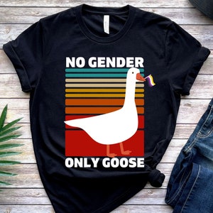 May include: Black t-shirt with a retro-style graphic of a goose holding a pride flag. The text on the shirt reads "No Gender Only Goose".