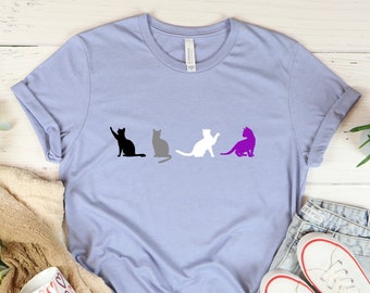 Camiseta con la bandera asexual y gatos, divertida camiseta unisex para adultos con el lema "Orgullo Ace", camiseta de género neutro, Mes del Orgullo LGBT discreto, regalo discreto LGBTQ, regalo para personas arrománticas y asexuales