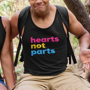 Hearts Not Parts Pansexual Jersey, Unisex Pan Flag Tank Top, Discreet LGBT Pride Month T Shirt, Funny LGBTQ Tanktop Present, Omnisexual Gift