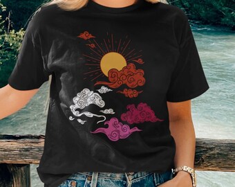 Cute Lesbian Flag T-shirt, Pretty LGBTQ Femme Sun & Clouds Tee, Boho Gay Pride Tee, Subtle Pride Month Art, Discreet LGBTQIA Girlfriend Gift