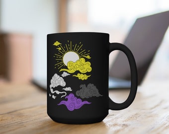 15 oz. Nonbinary Flag Coffee Mug, Sun & Cloud Cup, Enby Black Coffeecup, Non Binary 15oz Tea, Subtle Pride Month, LGBT, NB Coffee Lover Gift