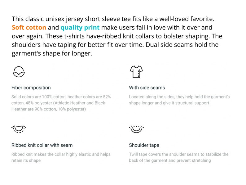 May include: Diagram illustrating the features of a unisex jersey short sleeve t-shirt. The diagram shows the fiber composition, side seams, ribbed knit collar with seam, and shoulder tape.