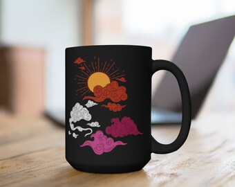 15 oz. Lesbian Flag Coffee Mug, Sun and Clouds Gift Cup, Black Coffeecup, Subtle Pride Month Art, LGBTQ Tea Cup, LGBTQIA Visibility Present