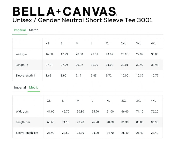 May include: Size chart for a unisex short sleeve tee, showing measurements in inches and centimeters for sizes XS through 4XL. The chart includes width, length, and sleeve length.