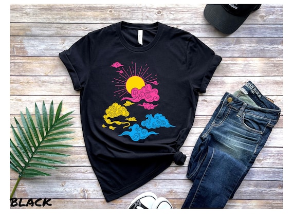 Pansexual Flag T-shirt, LGBTQ Sun & Clouds Art, Pretty Pan Gift, Discreet LGBTQIA Pride, Subtle Pride Month, Adult Gender Neutral Present