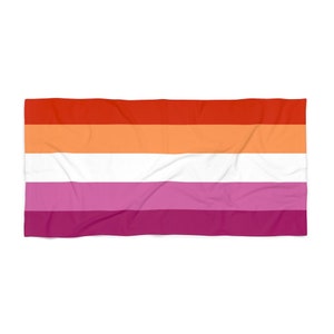 May include: A lesbian pride flag with six horizontal stripes in the colours red, orange, white, light pink, pink, and dark pink.