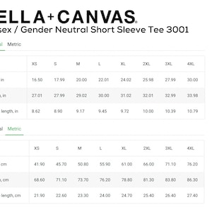 May include: Size chart for a unisex short sleeve tee, showing measurements in inches and centimeters for sizes XS through 4XL. The chart includes width, length, and sleeve length.