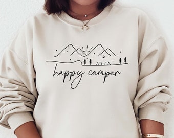 Donald Marjory Happy Camper Print Mens Rib Cuffed Crewneck Fleece Athletic Pullover Crewneck Sweatshirt Donald Marjory Happy Camper Print Mens Rib Cuffed Crewneck Fleece Athletic Pullover Crewneck Sweatshirt