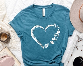 Camping Shirt, Camping Heart Shirt, Camp Lover Shirt,Adventure Shirt, Camper Shirt,Nature Lover Shirt,Cute Hiking Shirt, Gift for Her