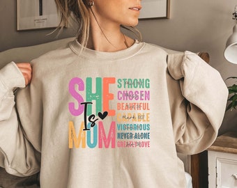 She is Mom Sweatshirt, Blessed Mom Shirt, Mom Shirt, Mother's Day Shirt, Gift for Mom, Mama, Strong Mom Gift, Black on Sport Grey Sweatshirt