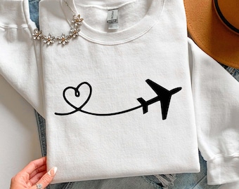 Heart Plane Sweatshirt, Minimalist Airplane Shirt, Travel Lover Gift for Her, Aesthetic Wanderlust Crewneck, Pilot Wife Shirt, Vacay Mode