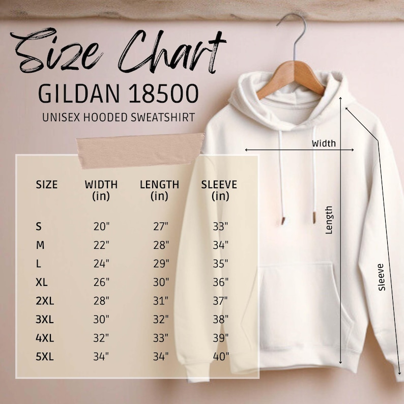 a size chart for a GILDA 18500 unisex hooded sweatshirt. The chart provides measurements for different sizes, including S, M, L, XL, 2XL, 3XL, and 5XL, along with corresponding widths in inches.