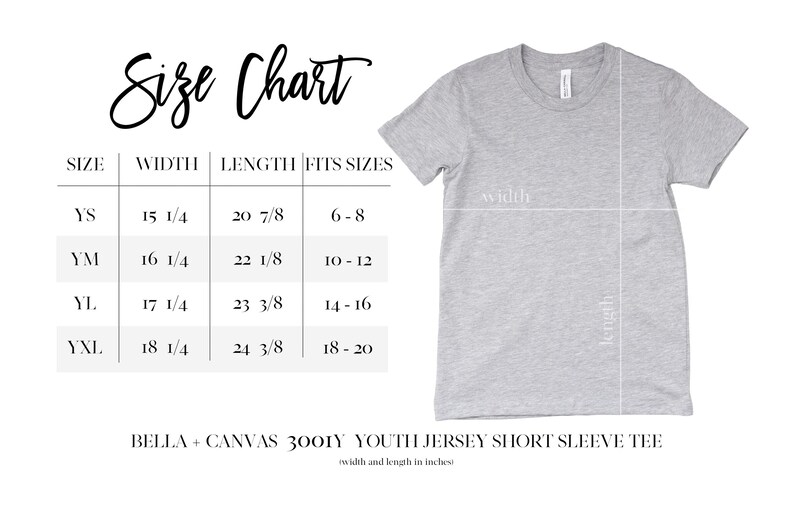The image is a size chart for a youth jersey short sleeve t-shirt, providing measurements for different age groups.