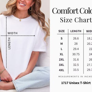 The image is a size chart for a 1717 unisex t-shirt, showing the measurements for different sizes in inches.