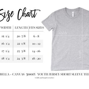 The image is a size chart for a youth jersey short sleeve t-shirt, providing measurements for different age groups.
