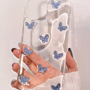 clear butterfly glitter phone case holder iPhone 11 12 13 Pro Max 12Pro XR XS 8 7 Plus silicone shockproof purple sparkle transparent cute