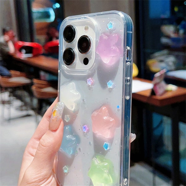 3d candy stars phone case iPhone 15 11 12 13 14 pro max cover iPhone shockproof protective cute clear glow in the dark clear pastel girly