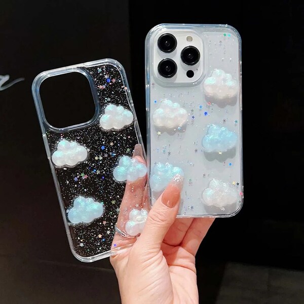 3d cloud phone case iPhone 15 11 12 13 14 pro max cover iPhone shockproof protective cute clear glow in the dark clear pastel girly candy