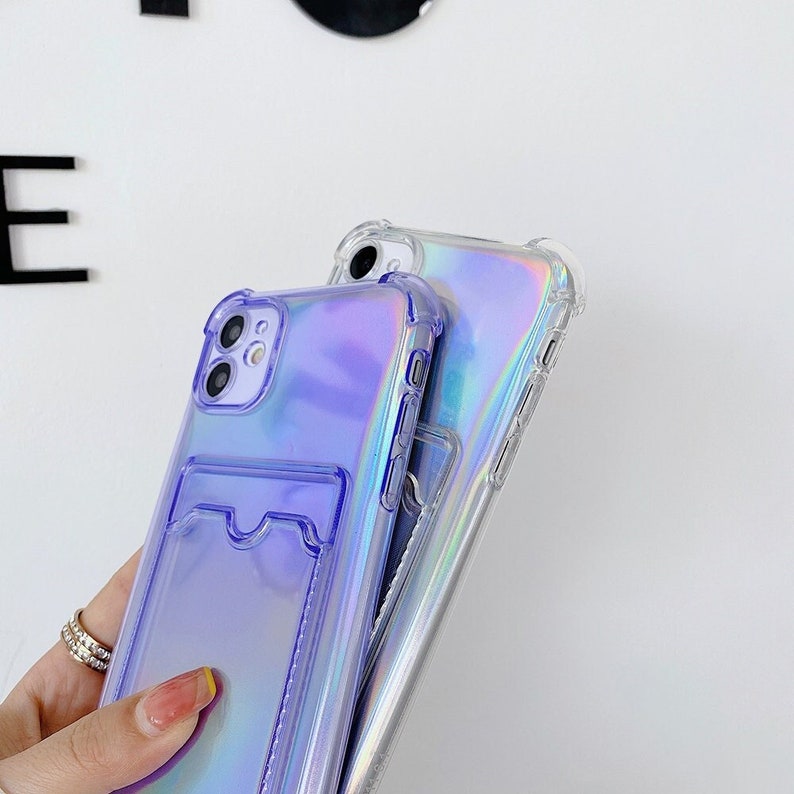 holographic transparent phone case card holder for iPhone 11 12 Pro Max 12Pro XR XS Max 8 7 Plus silicone shockproof prism cover iridescent 