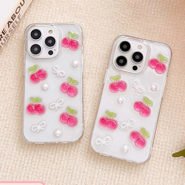 3d cherries phone case iPhone 15 plus 11 12 13 14 pro max cover iPhone shockproof protective cute glow girl gift clear pastel girly candy