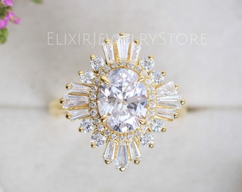 2 Carat Oval Cut Moissanite Starburst Engagement Ring, Unique Oval Lab Diamond Wedding Ring, Oval Diamond Gatsby Ring, Anniversary Ring